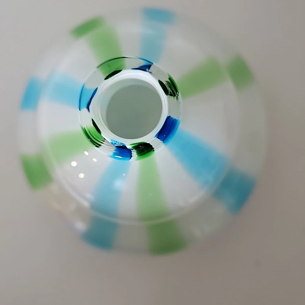 Handblown Post-Modern Blue Green Striped Art Glass Double Gourd Vase